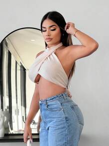 SHEIN SXY Solid Halter Neck Crop Knit Top - Apricot - View 3