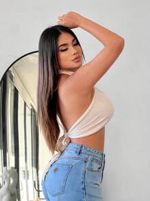 SHEIN SXY Solid Halter Neck Crop Knit Top - Apricot - View 4