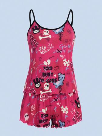 Ghadeer Nemer Pyjama Set mit Cartoon Grafik, Kontrastsaum,