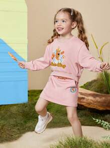 SCOOBY-DOO X SHEIN 女小童卡通圖案套頭衫&半身裙 - 淺粉色 - 查看 1