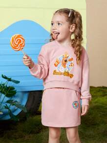 SCOOBY-DOO X SHEIN 女小童卡通圖案套頭衫&半身裙 - 淺粉色 - 查看 4