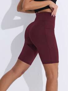 Easithlete Wide Waistband Phone Pocket Side Biker Shorts - Burgundy - View 3