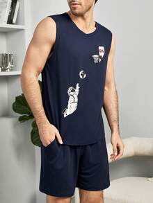 SHEIN Mężczyźni Grafika rysunkowa Zestaw Pidżamersów - Granatowy - Zobacz 3