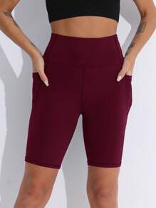 Easithlete Wide Waistband Phone Pocket Side Biker Shorts - Burgundy - View 5