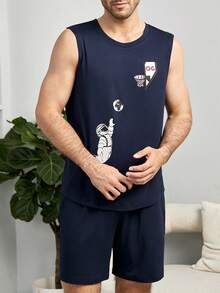 SHEIN Mężczyźni Grafika rysunkowa Zestaw Pidżamersów - Granatowy - Zobacz 5