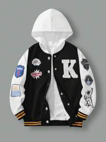 SHEIN Tween Boy Letter Graphic Hooded Varsity Jacket