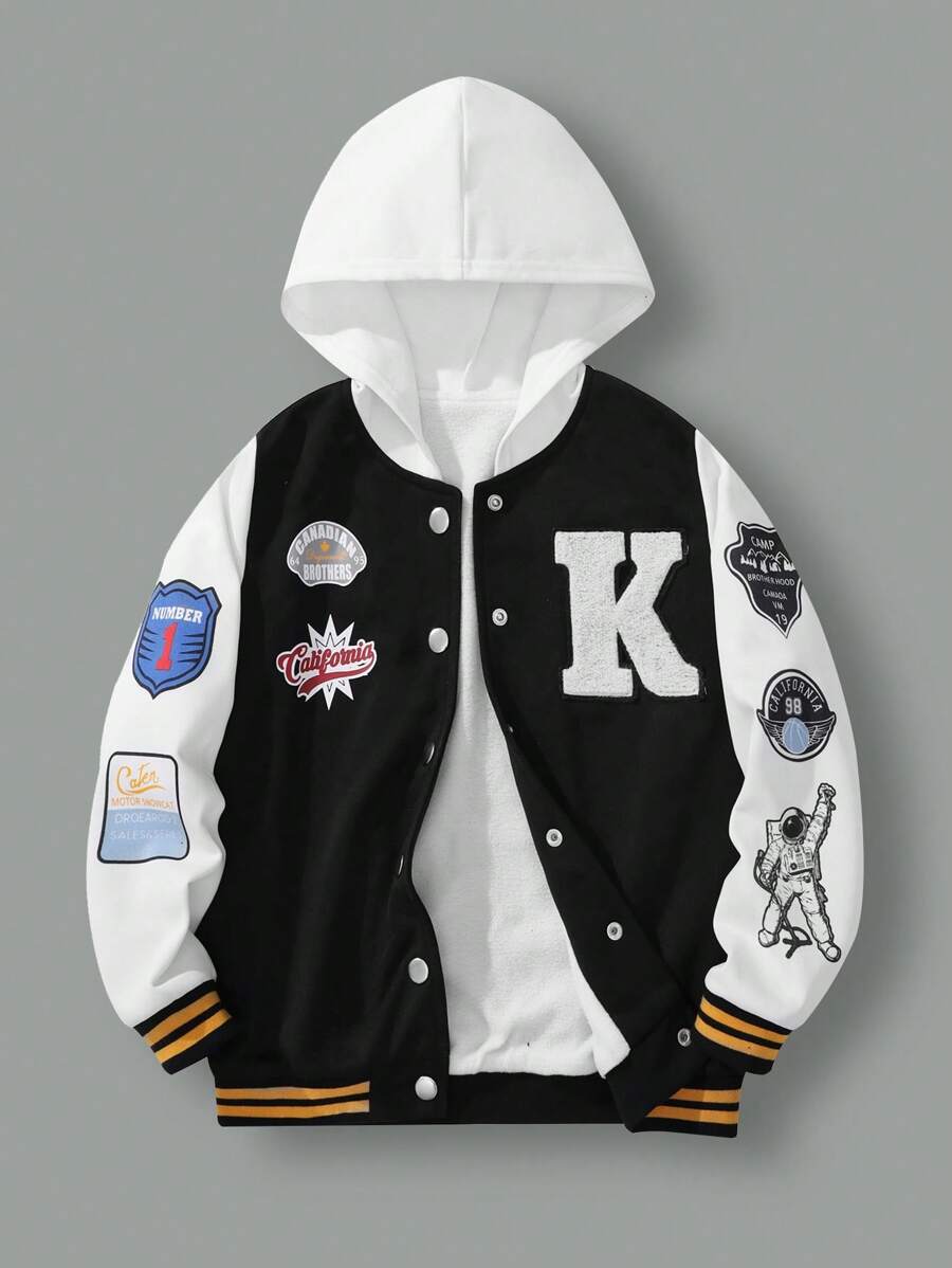 SHEIN Tween Boy Letter Graphic Hooded Varsity Jacket