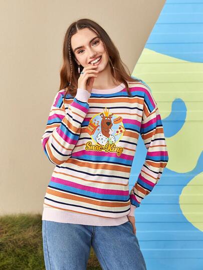 SCOOBY-DOO X SHEIN Jersey de rayas & con patrón de dibujos animados de hombros caídos