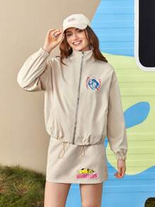 SCOOBY-DOO X SHEIN Letter And Cartoon Graphic Drop Shoulder Drawstring Hem Jacket & Skirt - Apricot - View 1