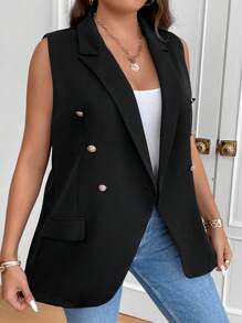 SHEIN LUNE Plus Double Breasted Vest Blazer - Black - View 3