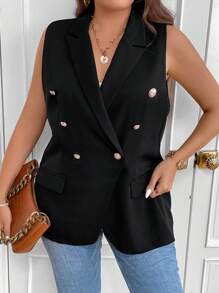 SHEIN LUNE Plus Double Breasted Vest Blazer - Black - View 4