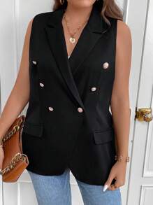 SHEIN LUNE Plus Double Breasted Vest Blazer - Black - View 1