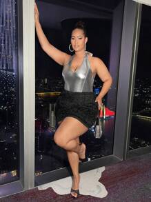 SHEIN SXY Plus Metallic Halter Bodysuit & Bodycon Skirt - Multicolor - View 3