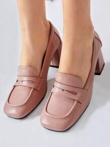 SheIn BIZ 女士方頭粗跟樂福鞋,時尚粉色的高跟鞋 - 藕粉色 - 查看 1