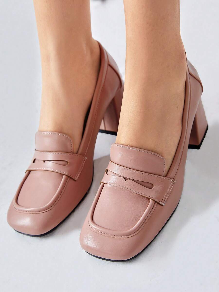 SheIn BIZ 女士方頭粗跟樂福鞋,時尚粉色的高跟鞋 - 藕粉色 - 查看 1