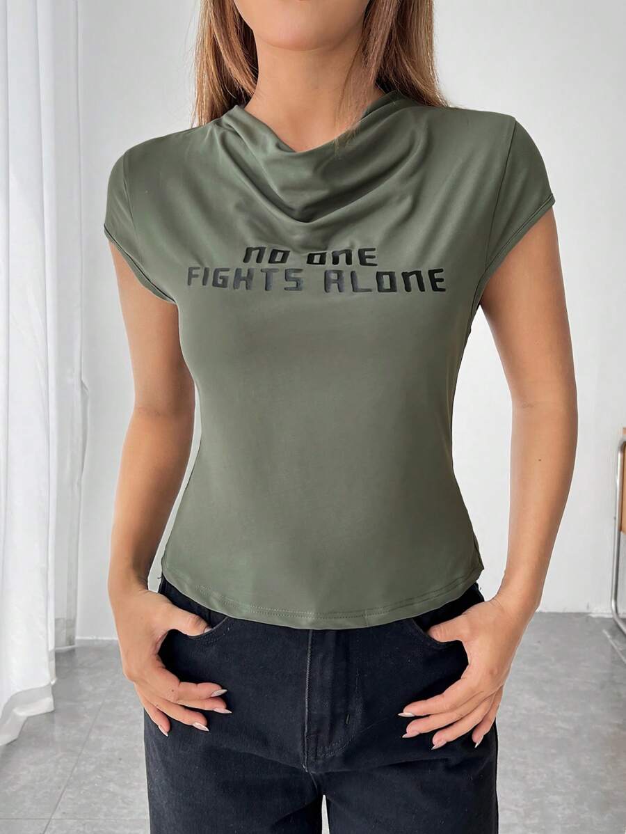 SHEIN EZwear Slogan Graphic Draped Collar Tee - Green - View 1