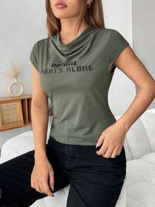 SHEIN EZwear Slogan Graphic Draped Collar Tee - Green - View 3