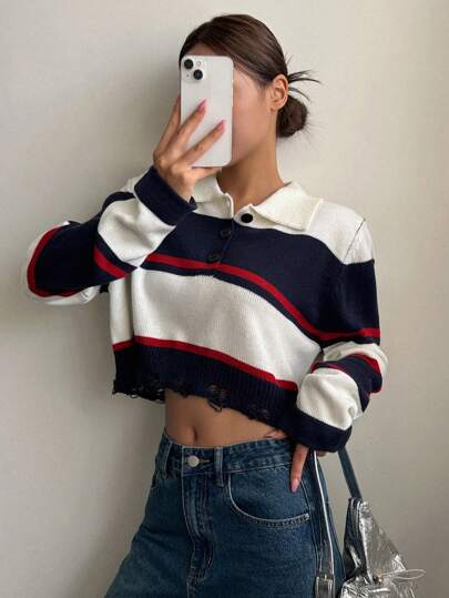 DAZY Suéter corto de cuello polo con bloques de color, blusas de manga larga, ropa de otoño