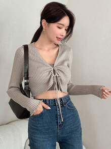 DAZY Drawstring Front Crop Sweater,Fall Women Clothes - Khaki - View 6