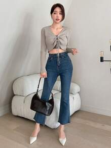 DAZY Drawstring Front Crop Sweater,Fall Women Clothes - Khaki - View 8