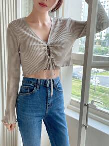 DAZY Drawstring Front Crop Sweater,Fall Women Clothes - Khaki - View 7