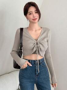 DAZY Drawstring Front Crop Sweater,Fall Women Clothes - Khaki - View 5
