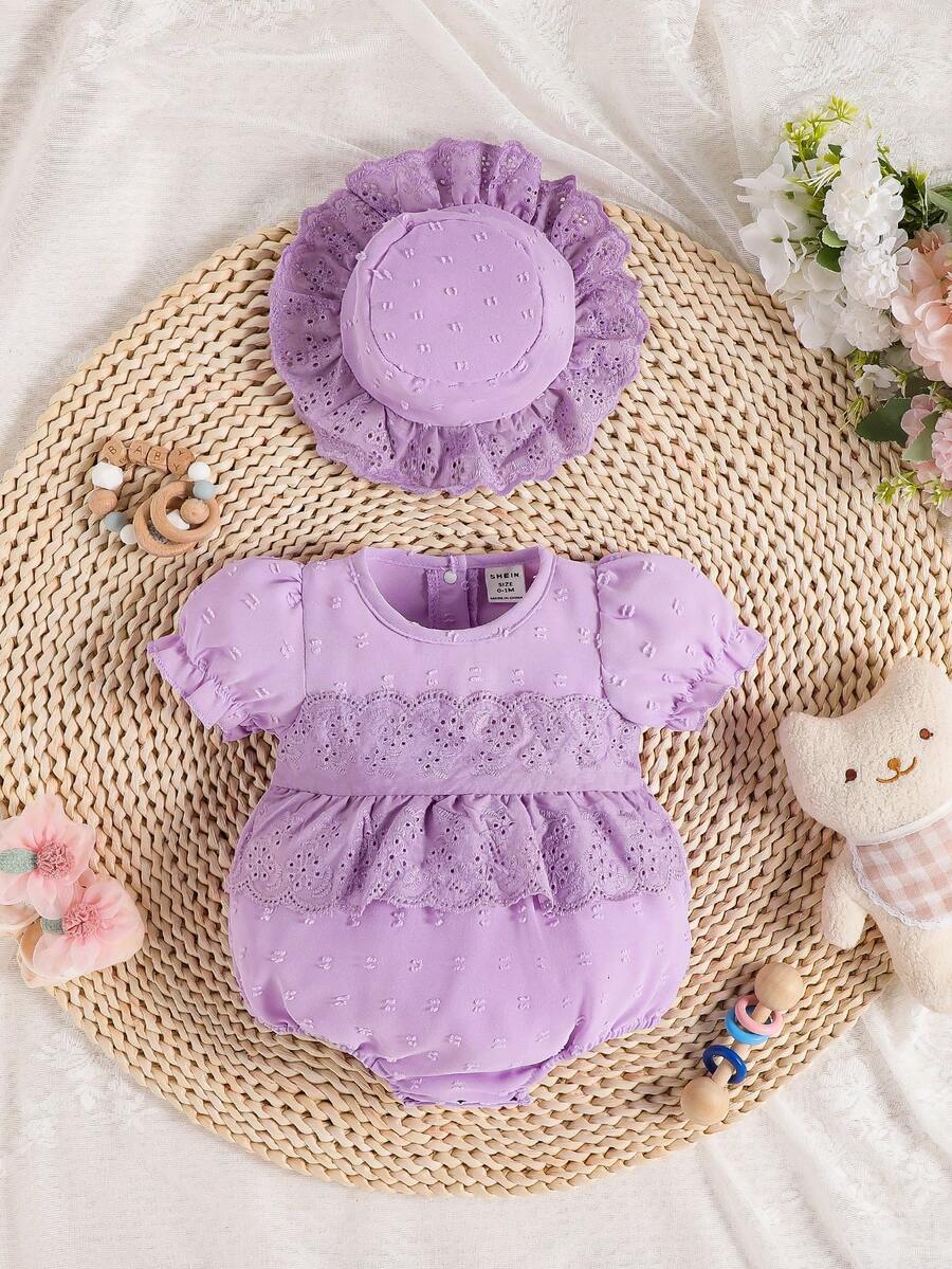 Baby Girl Contrast Eyelet Embroidery Ruffle Trim Puff Sleeve Bodysuit & Hat - Purple - View 1