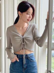 DAZY Drawstring Front Crop Sweater,Fall Women Clothes - Khaki - View 1