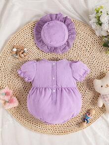 Baby Girl Contrast Eyelet Embroidery Ruffle Trim Puff Sleeve Bodysuit & Hat - Purple - View 2