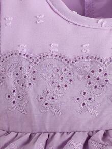 Baby Girl Contrast Eyelet Embroidery Ruffle Trim Puff Sleeve Bodysuit & Hat - Purple - View 5