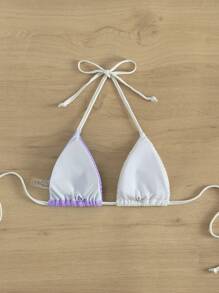 Two Tone Tie Backless Halter Triangle Bikini Top, For Summer Beach Vacation - Mauve Purple - View 2