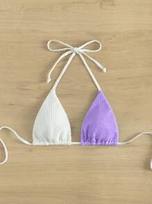Two Tone Tie Backless Halter Triangle Bikini Top, For Summer Beach Vacation - Mauve Purple - View 5
