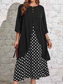 EMERY ROSE Hơn In vết tròn Polka Váy 2 trong 1 - Đen và trắng - Xem 1