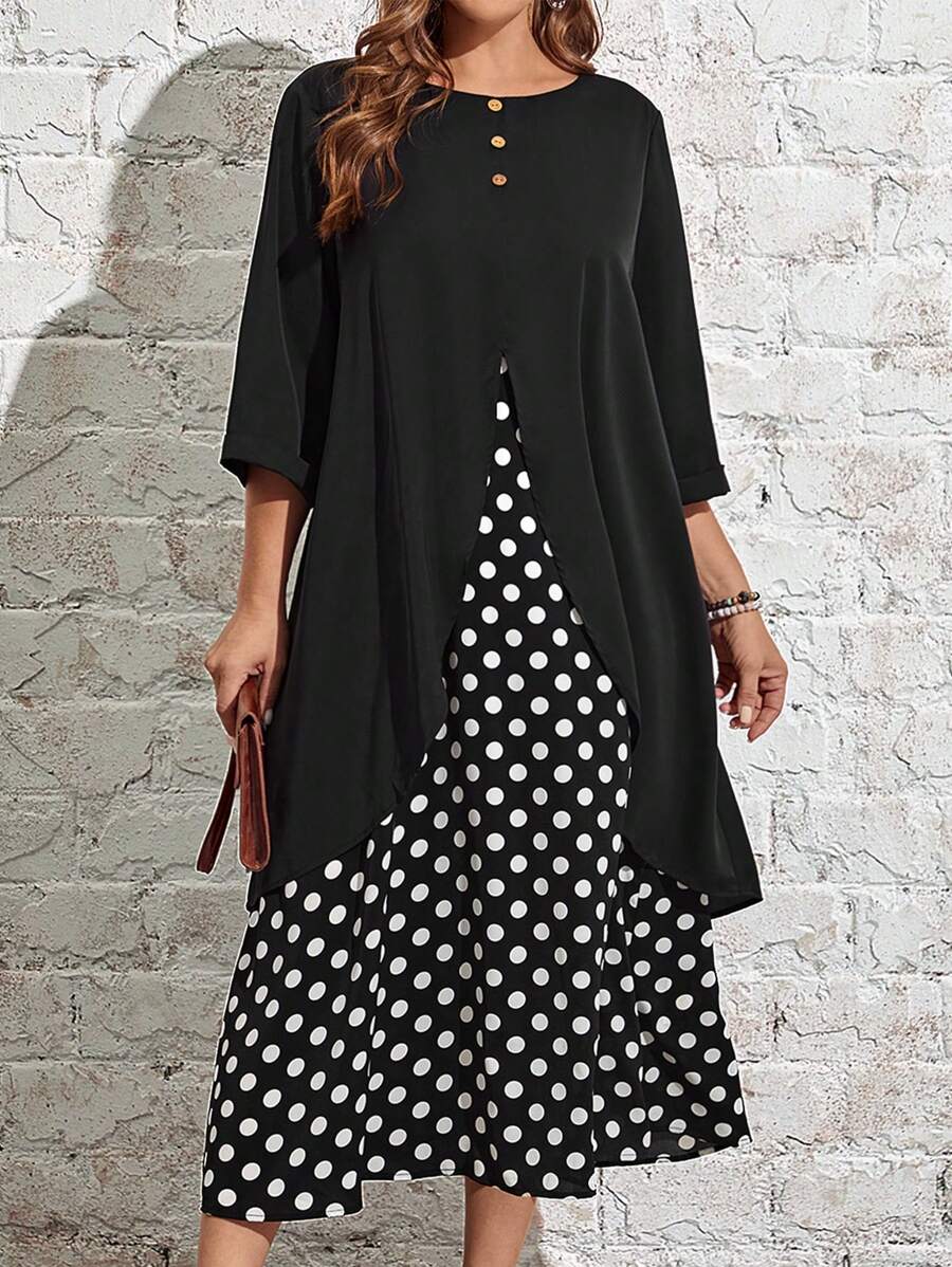 EMERY ROSE Hơn In vết tròn Polka Váy 2 trong 1 - Đen và trắng - Xem 1