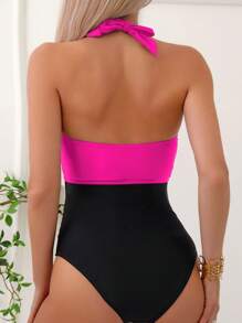 SHEIN Swim Khối màu Nút phía trước Dây Đồ bơi một mảnh - Nhiều màu - Xem 2