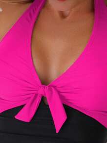 SHEIN Swim Khối màu Nút phía trước Dây Đồ bơi một mảnh - Nhiều màu - Xem 5