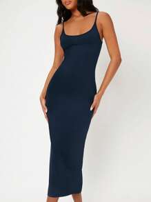 SHEIN BASICS Solid Cami Casual Dinner Dating Dress - Navy Blue - View 4