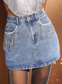 SHEIN BAE 水鑽流蘇邊牛仔半身裙 - 中等水洗藍 - 查看 1