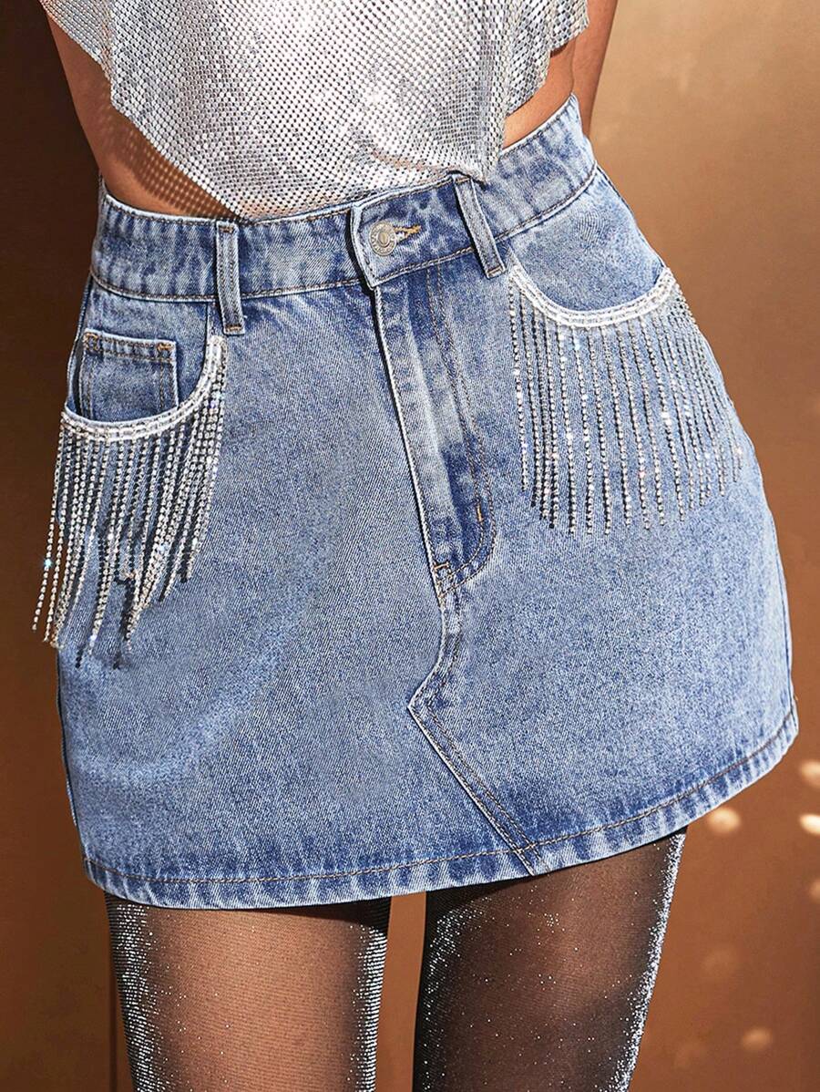 SHEIN BAE 水鑽流蘇邊牛仔半身裙 - 中等水洗藍 - 查看 1
