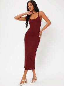 SHEIN BASICS Solid Cami Bodycon Dress - Burgundy - View 5