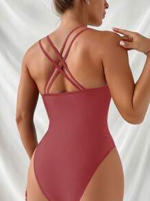 SHEIN Swim 交叉低胸连体泳衣，适合夏季海滩度假 - 紅木色 - 查看 2