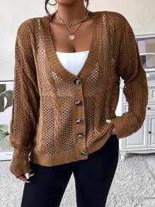 Celure Plus Pointelle Knit Drop Shoulder Cardigan - Brown - View 3