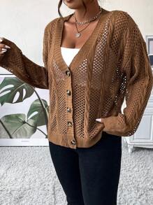 Celure Plus Pointelle Knit Drop Shoulder Cardigan - Brown - View 5