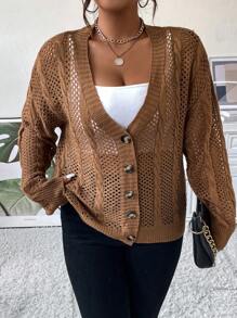 Celure Plus Pointelle Knit Drop Shoulder Cardigan - Brown - View 6