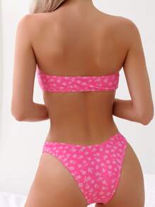 Swim Mod Summer Beach Ditsy Floral Print Tie Front Bandeau Bikini Set - Hot Pink - View 2