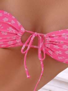 Swim Mod Summer Beach Ditsy Floral Print Tie Front Bandeau Bikini Set - Hot Pink - View 3