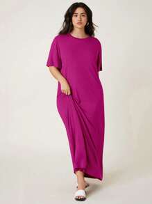 SHEIN BASICS Plus Solid Tee Dress - Red Violet - View 1