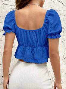 SHEIN EZwear 泡泡袖前打結荷葉邊短款T恤 - 寶藍色 - 查看 2