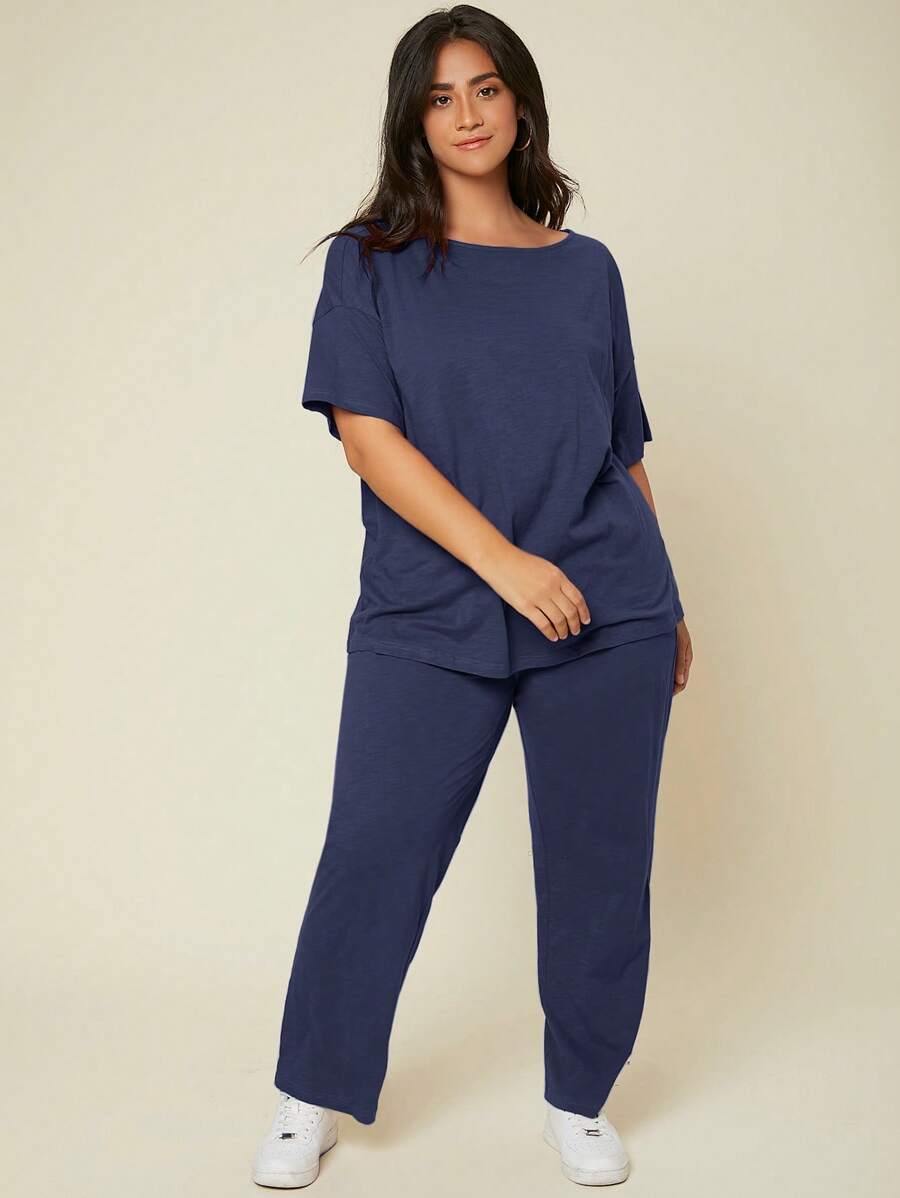 SHEIN BASICS Plus Size Women Solid Color Round Neck Top And Pants Casual Everyday Set