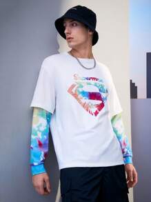 SUPERMAN X SHEIN Men Tie Dye Letter Graphic 2 In 1 Sweatshirt Spring And Autumn - White - View 1